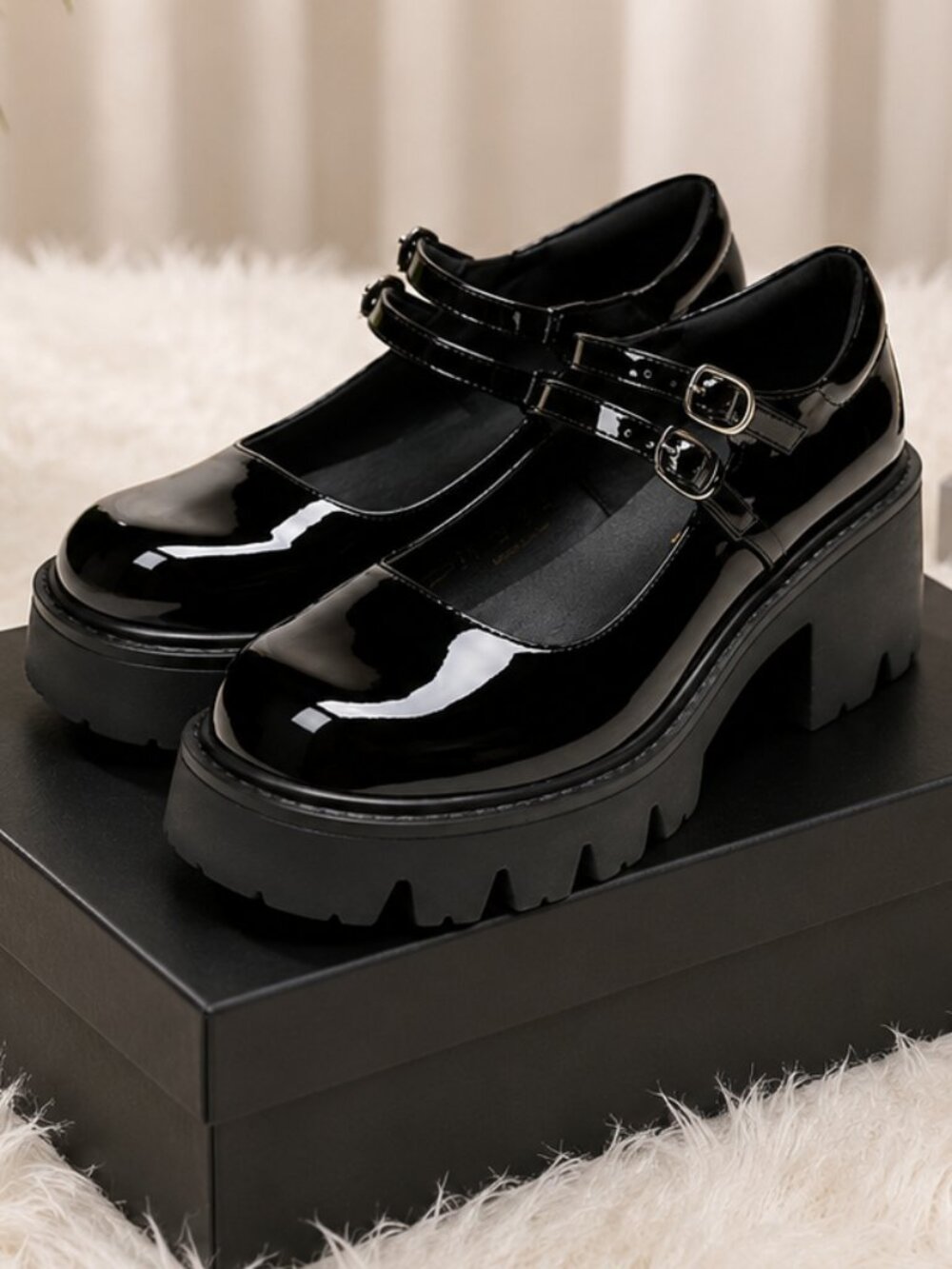 Women's Platform Mary Jane Shoes Black Patent Double Strap Chunky Heel NWT